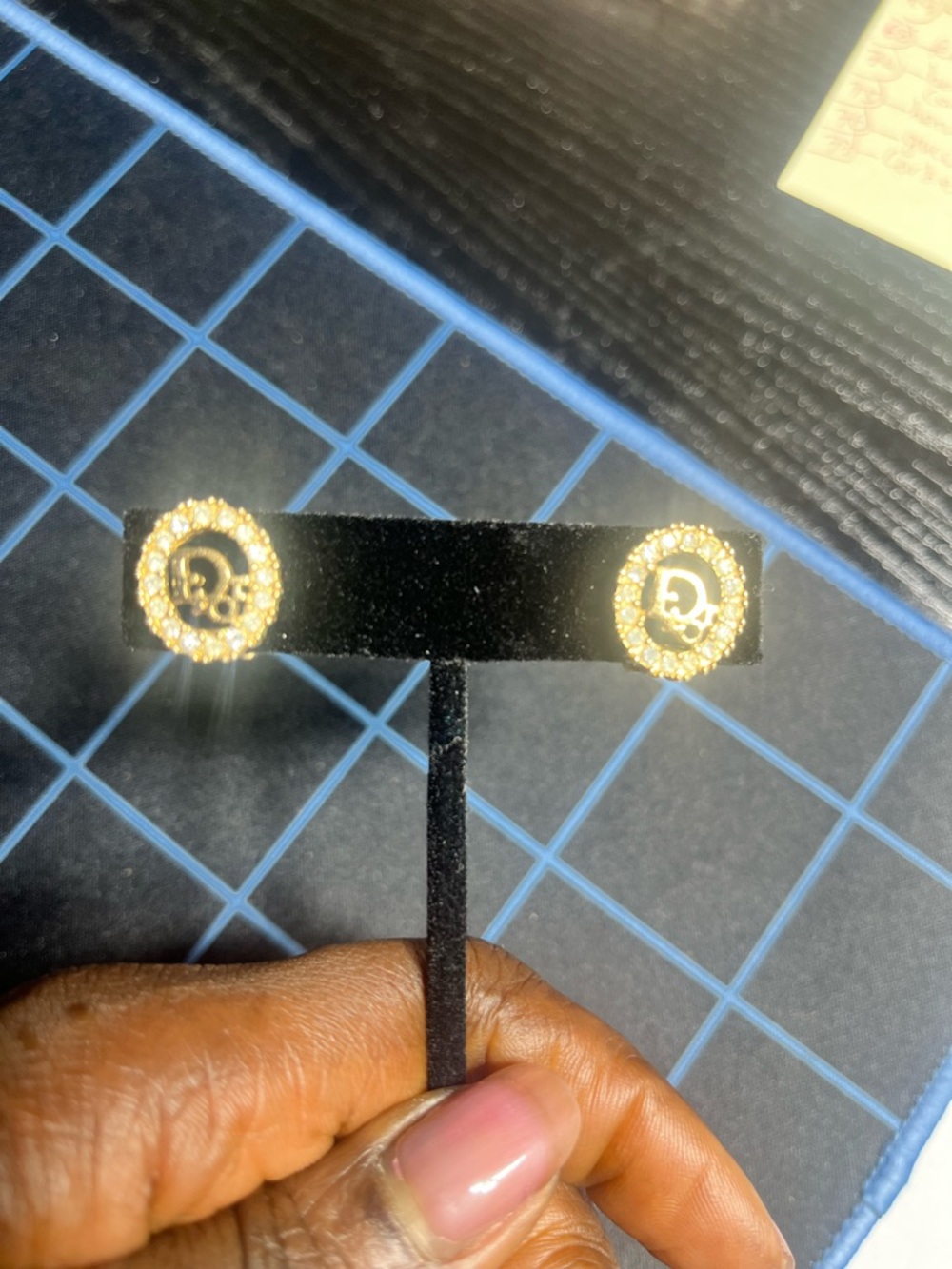Dior Gold Crystal 'CD' Logo Circle Stud Earrings - Picture 3 of 5